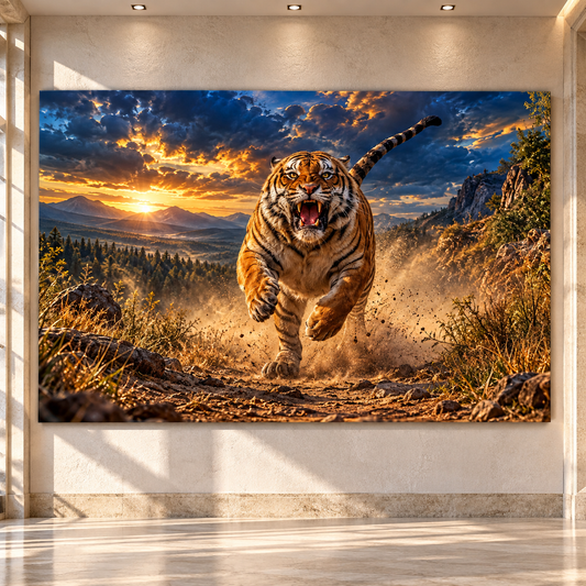 Charging Bengal Tiger Wrapped Canvas Wall Art – Dramatic Mountain Wildlife Painting