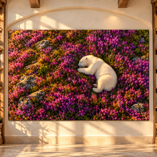Sleeping Polar Bear Among Purple Heather Wrapped Canvas Wall Art – Peaceful Wildlife Nature Painting