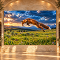 Red Fox Leaping Through Mountain Meadow Wrapped Canvas Wall Art – Dramatic Wildlife Sunset Landscape