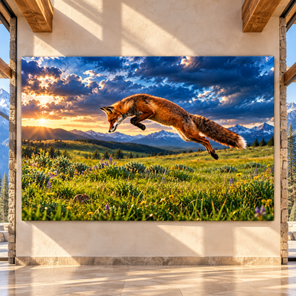 Red Fox Leaping Through Mountain Meadow Wrapped Canvas Wall Art – Dramatic Wildlife Sunset Landscape