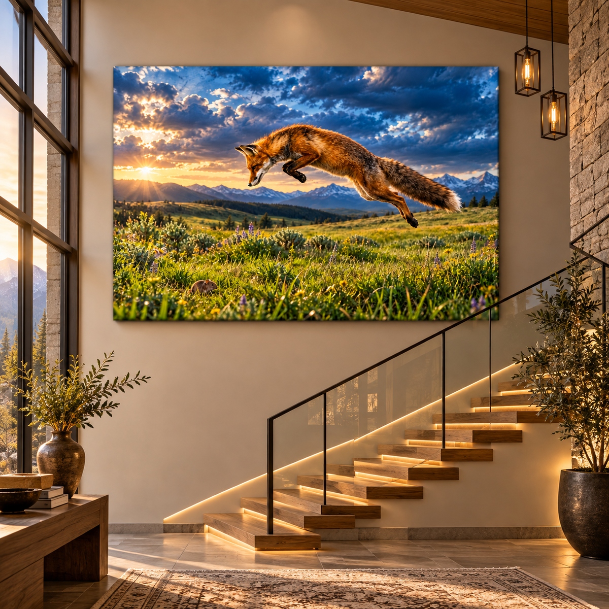 Red Fox Leaping Through Mountain Meadow Wrapped Canvas Wall Art – Dramatic Wildlife Sunset Landscape