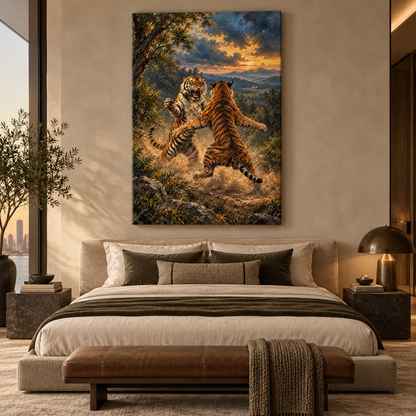 Two Bengal Tigers Fighting Wrapped Canvas Wall Art – Dramatic Mountain Wildlife Painting