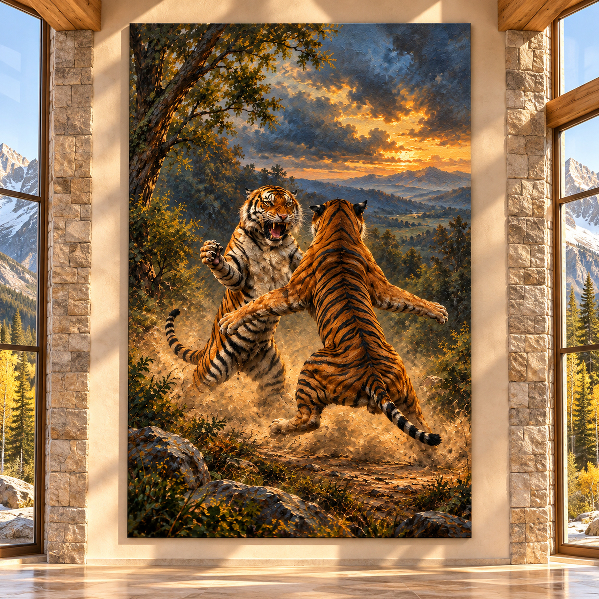 Two Bengal Tigers Fighting Wrapped Canvas Wall Art – Dramatic Mountain Wildlife Painting