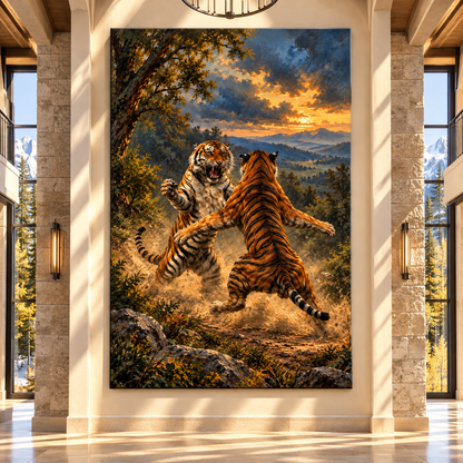 Two Bengal Tigers Fighting Wrapped Canvas Wall Art – Dramatic Mountain Wildlife Painting