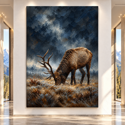 Bull Elk Grazing Wrapped Canvas Wall Art – Moody Mountain Wildlife Painting