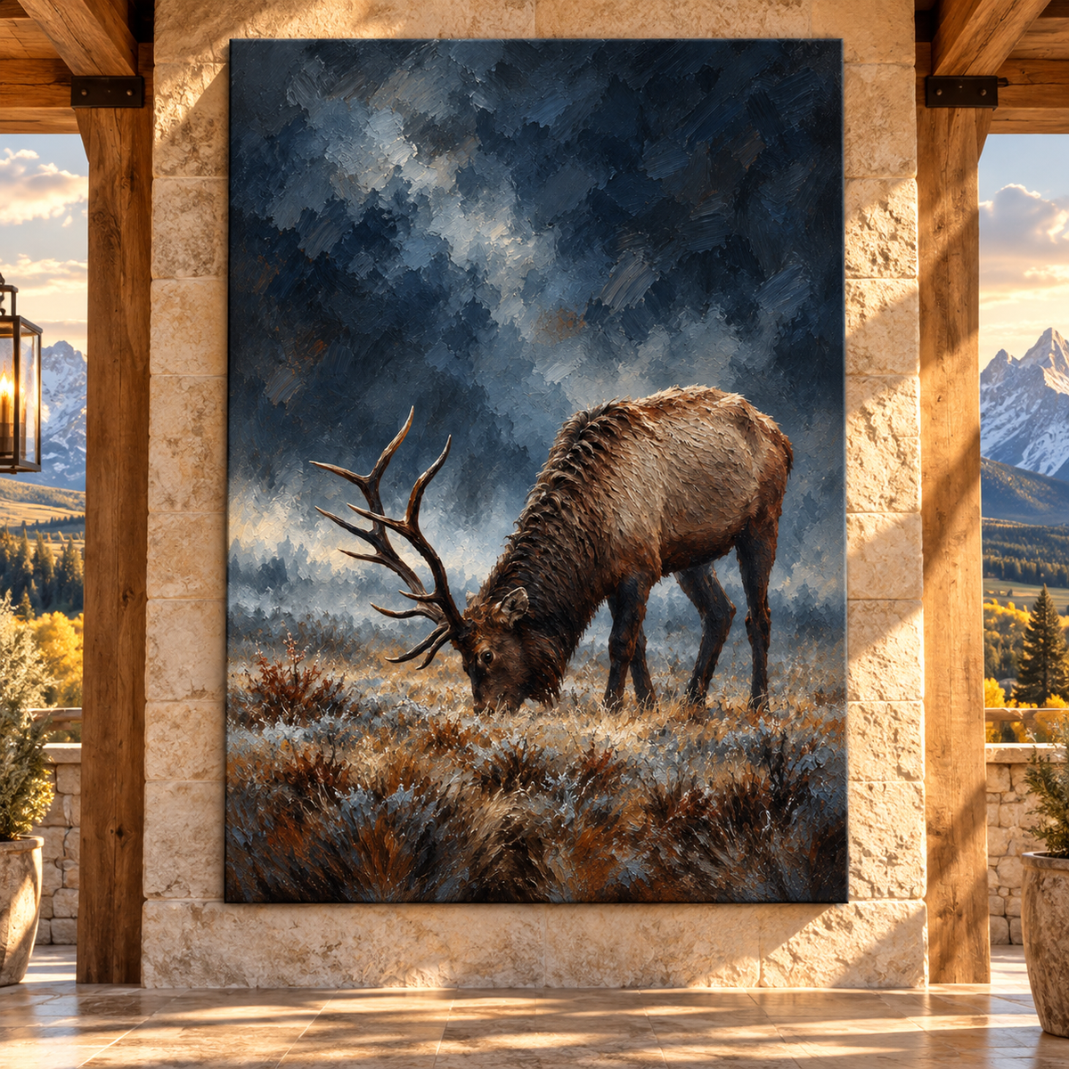 Bull Elk Grazing Wrapped Canvas Wall Art – Moody Mountain Wildlife Painting