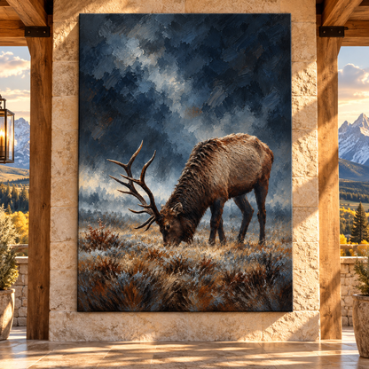 Bull Elk Grazing Wrapped Canvas Wall Art – Moody Mountain Wildlife Painting