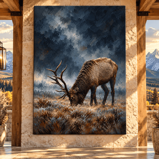 Bull Elk Grazing Wrapped Canvas Wall Art – Moody Mountain Wildlife Painting - ART OF ROYALS