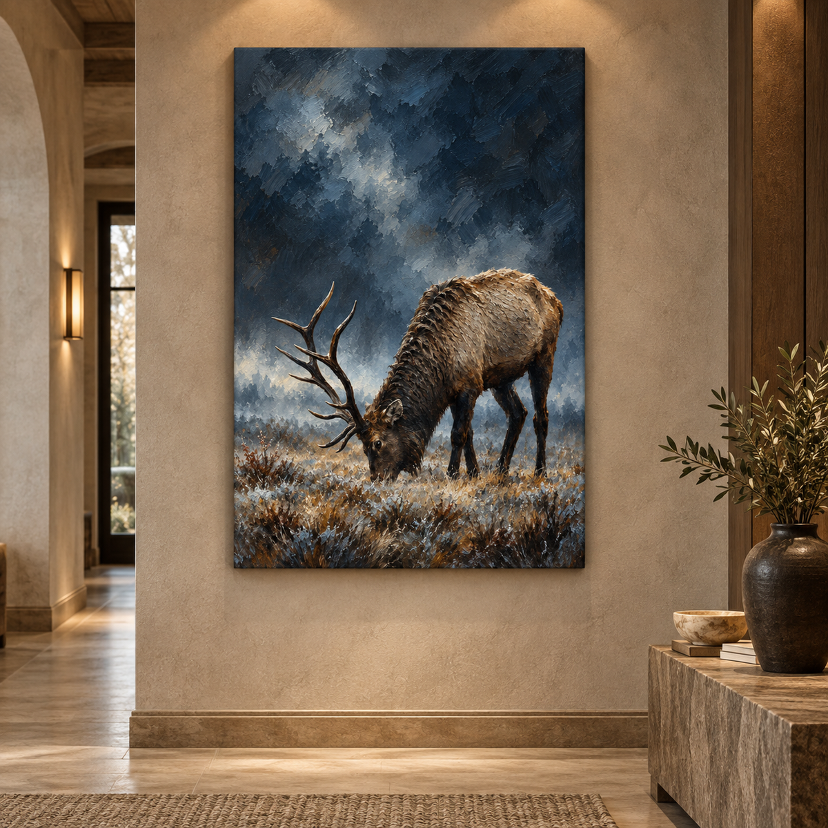 Bull Elk Grazing Wrapped Canvas Wall Art – Moody Mountain Wildlife Painting