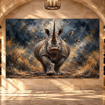 White Rhinoceros & Oxpecker Birds Wrapped Canvas Wall Art – Dramatic African Wildlife Painting