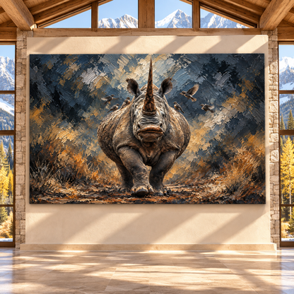 White Rhinoceros & Oxpecker Birds Wrapped Canvas Wall Art – Dramatic African Wildlife Painting