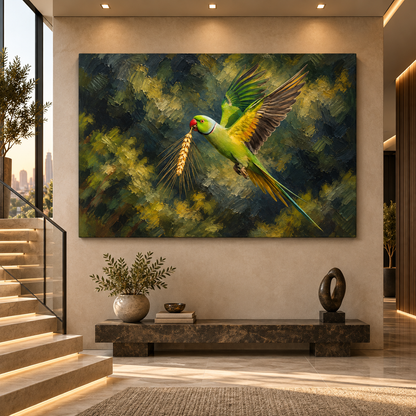 Indian Ringneck Parakeet in Flight Wrapped Canvas Wall Art – Green Parrot with Golden Wheat Painting