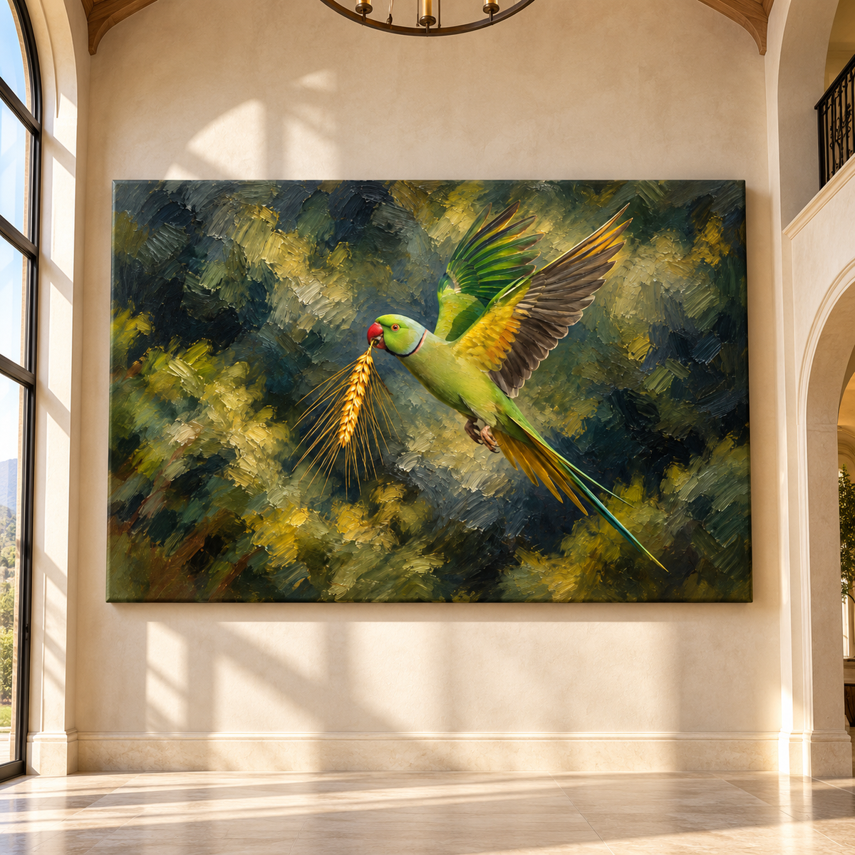 Indian Ringneck Parakeet in Flight Wrapped Canvas Wall Art – Green Parrot with Golden Wheat Painting