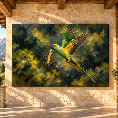 Indian Ringneck Parakeet in Flight Wrapped Canvas Wall Art – Green Parrot with Golden Wheat Painting