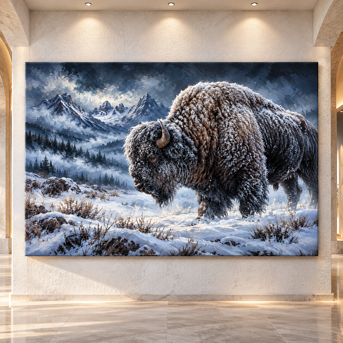 Snow-Covered American Bison Wrapped Canvas Wall Art – Winter Mountain Buffalo Painting