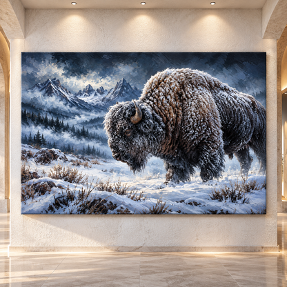 Snow-Covered American Bison Wrapped Canvas Wall Art – Winter Mountain Buffalo Painting