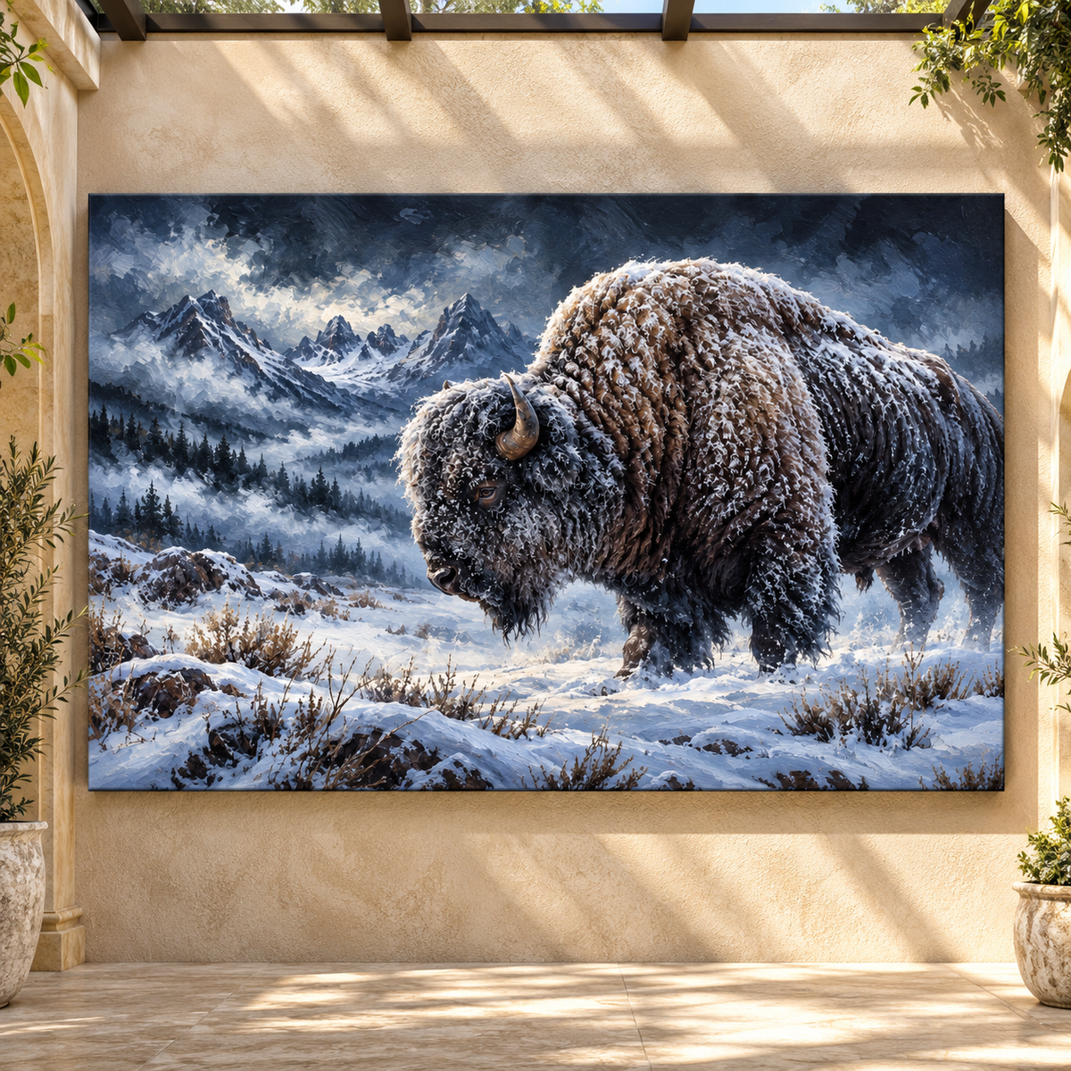 Snow-Covered American Bison Wrapped Canvas Wall Art – Winter Mountain Buffalo Painting