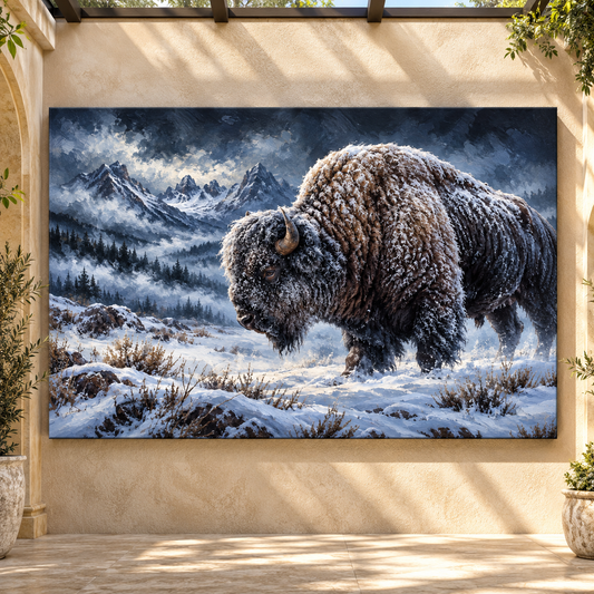 Snow-Covered American Bison Wrapped Canvas Wall Art – Winter Mountain Buffalo Painting