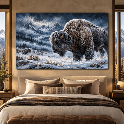 Snow-Covered American Bison Wrapped Canvas Wall Art – Winter Mountain Buffalo Painting