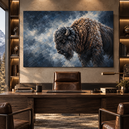 Snow-Covered American Bison Portrait Wrapped Canvas Wall Art – Moody Winter Buffalo Painting