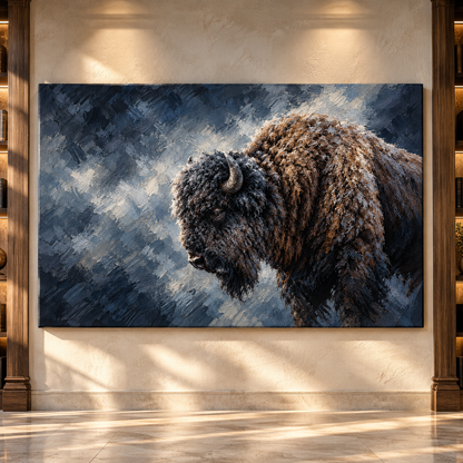 Snow-Covered American Bison Portrait Wrapped Canvas Wall Art – Moody Winter Buffalo Painting