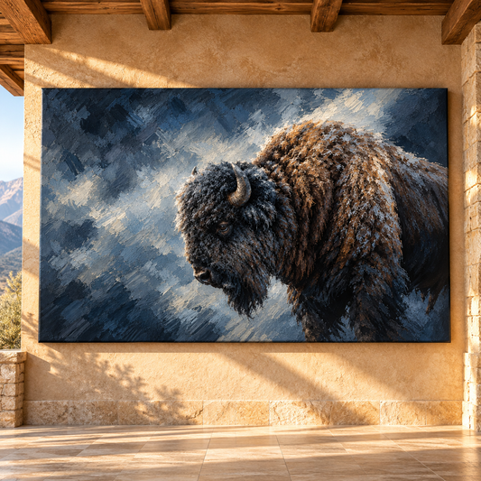 Snow-Covered American Bison Portrait Wrapped Canvas Wall Art – Moody Winter Buffalo Painting