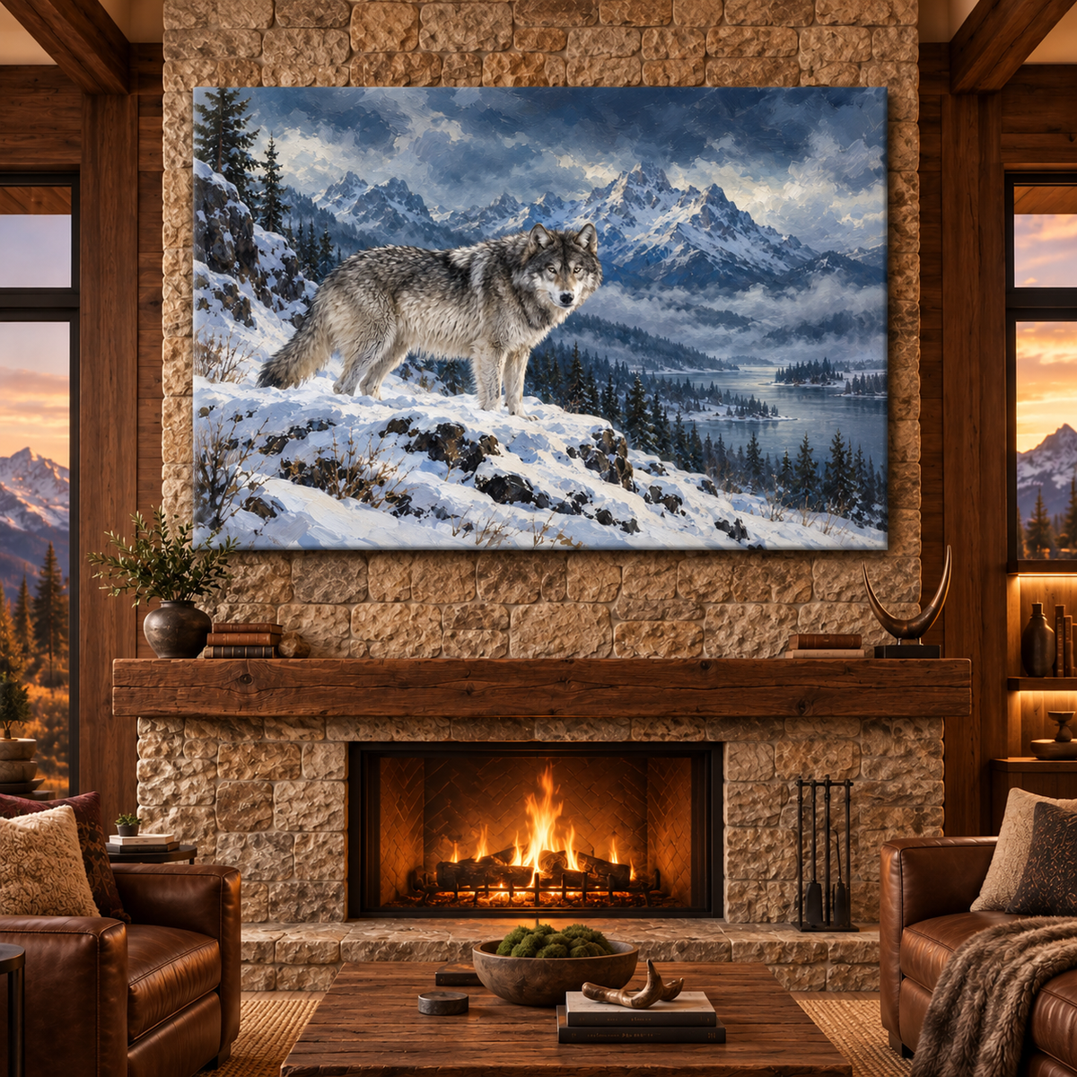 Gray Wolf in Snowy Mountains Wrapped Canvas Wall Art – Winter Wilderness Wildlife Painting