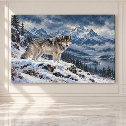 Gray Wolf in Snowy Mountains Wrapped Canvas Wall Art – Winter Wilderness Wildlife Painting