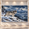 Gray Wolf in Snowy Mountains Wrapped Canvas Wall Art – Winter Wilderness Wildlife Painting