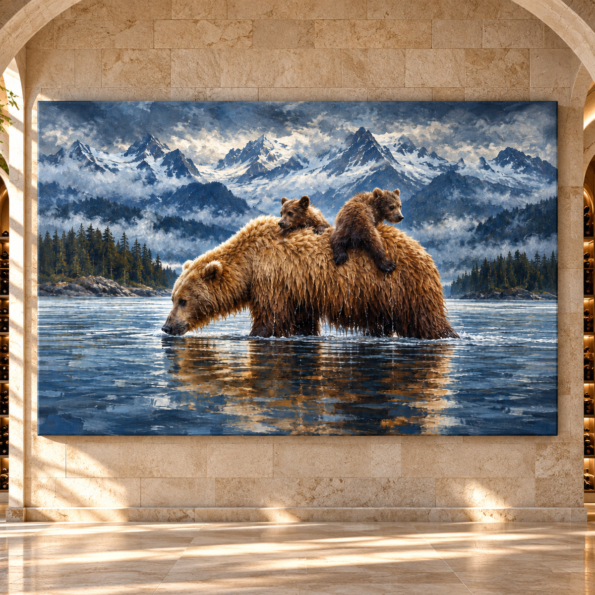 Grizzly Bear Mother & Cubs Wrapped Canvas Wall Art – Mountain River Wildlife Painting