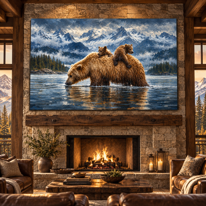 Grizzly Bear Mother & Cubs Wrapped Canvas Wall Art – Mountain River Wildlife Painting