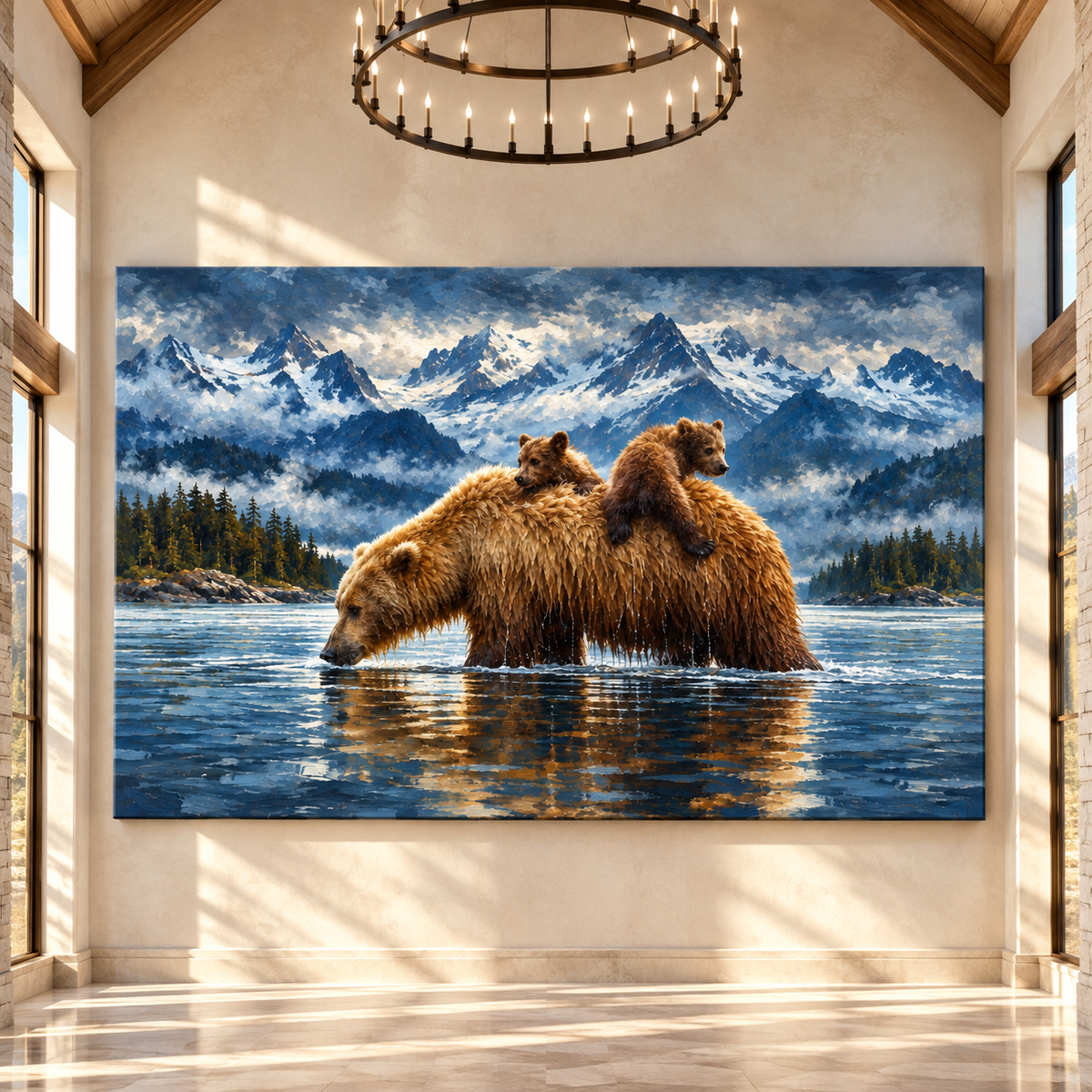 Grizzly Bear Mother & Cubs Wrapped Canvas Wall Art – Mountain River Wildlife Painting