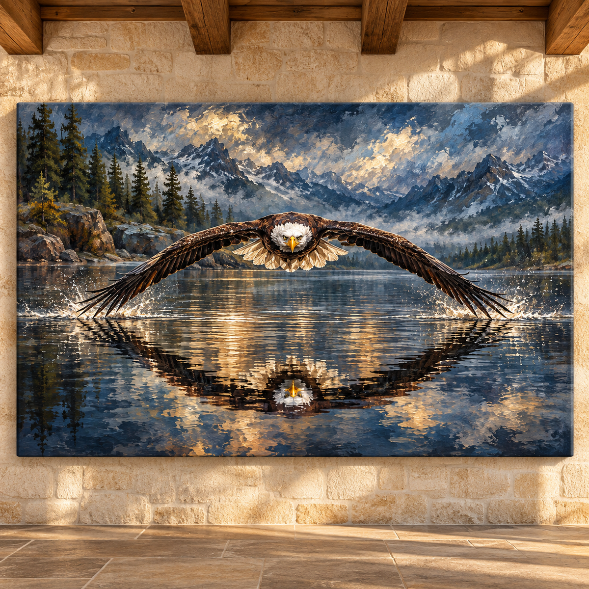 Bald Eagle Flying Over Mountain Lake Wrapped Canvas Wall Art – Dramatic American Wildlife Painting
