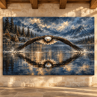 Bald Eagle Flying Over Mountain Lake Wrapped Canvas Wall Art – Dramatic American Wildlife Painting