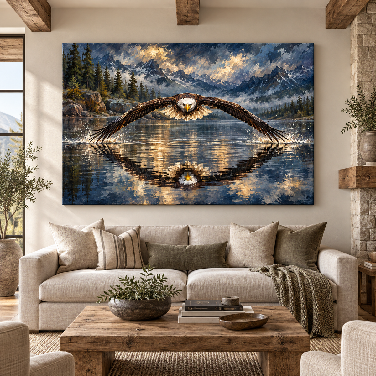 Bald Eagle Flying Over Mountain Lake Wrapped Canvas Wall Art – Dramatic American Wildlife Painting