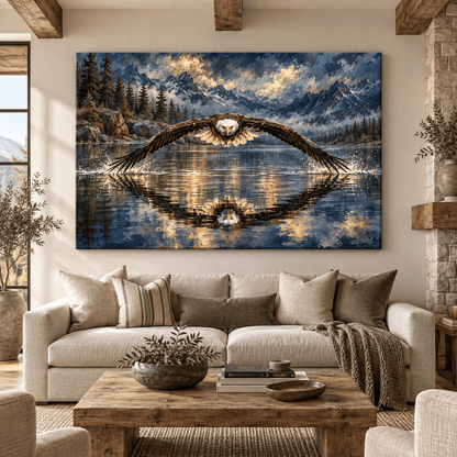 Bald Eagle Flying Over Mountain Lake Wrapped Canvas Wall Art – Dramatic American Wildlife Painting
