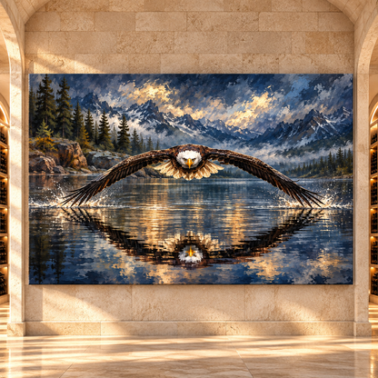 Bald Eagle Flying Over Mountain Lake Wrapped Canvas Wall Art – Dramatic American Wildlife Painting