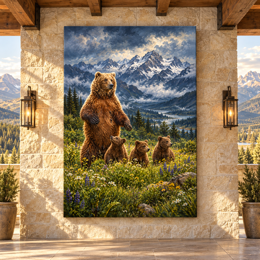 Grizzly Bear Mother & Three Cubs Wrapped Canvas Wall Art – Mountain Wildflower Wildlife Painting