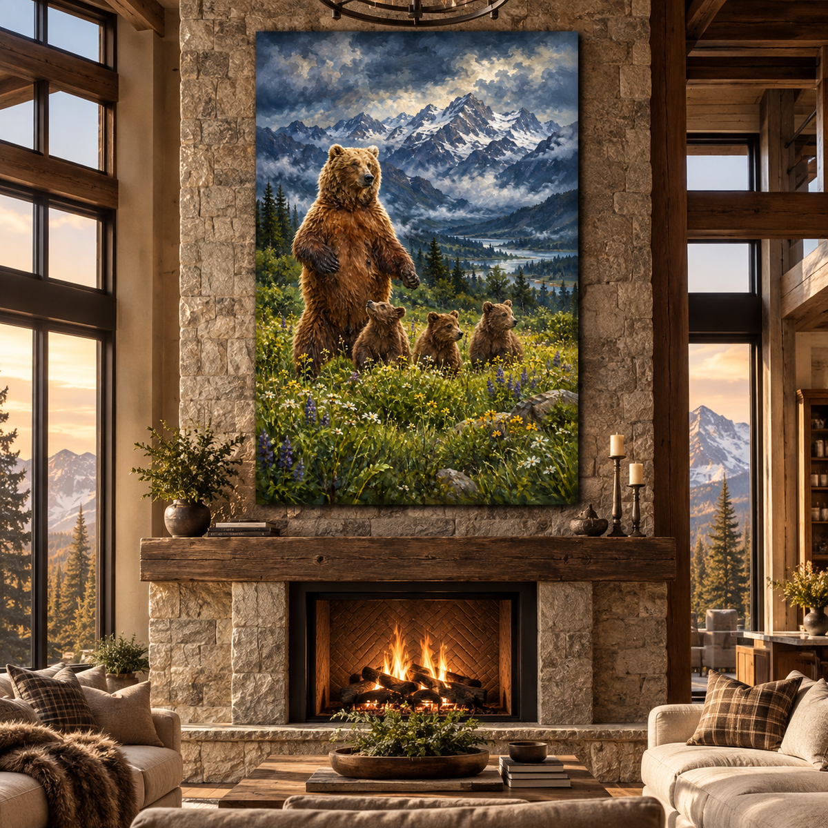 Grizzly Bear Mother & Three Cubs Wrapped Canvas Wall Art – Mountain Wildflower Wildlife Painting