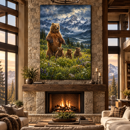 Grizzly Bear Mother & Three Cubs Wrapped Canvas Wall Art – Mountain Wildflower Wildlife Painting