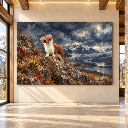 Stoat on Mountain Ridge Wrapped Canvas Wall Art – Alpine Ermine Wildlife Painting