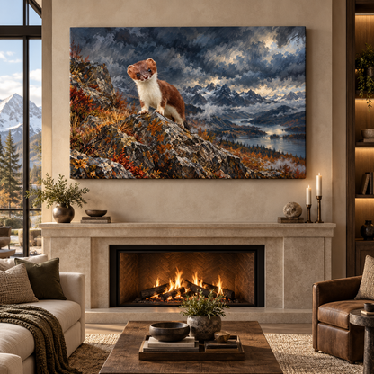 Stoat on Mountain Ridge Wrapped Canvas Wall Art – Alpine Ermine Wildlife Painting