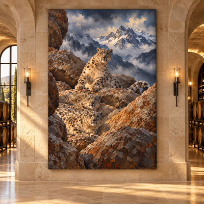 Three Snow Leopards in the Mountains Wrapped Canvas Wall Art – Alpine Wildlife Painting