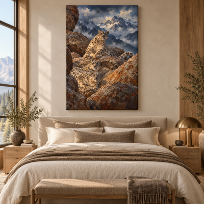 Three Snow Leopards in the Mountains Wrapped Canvas Wall Art – Alpine Wildlife Painting