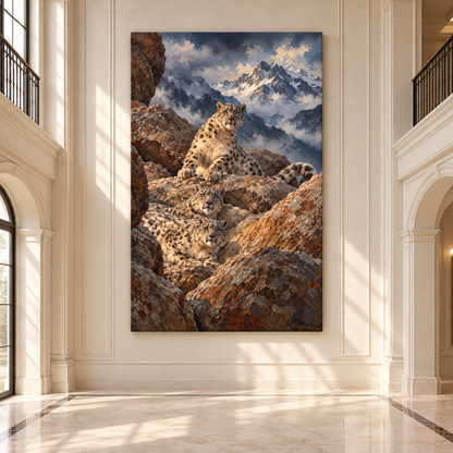 Three Snow Leopards in the Mountains Wrapped Canvas Wall Art – Alpine Wildlife Painting