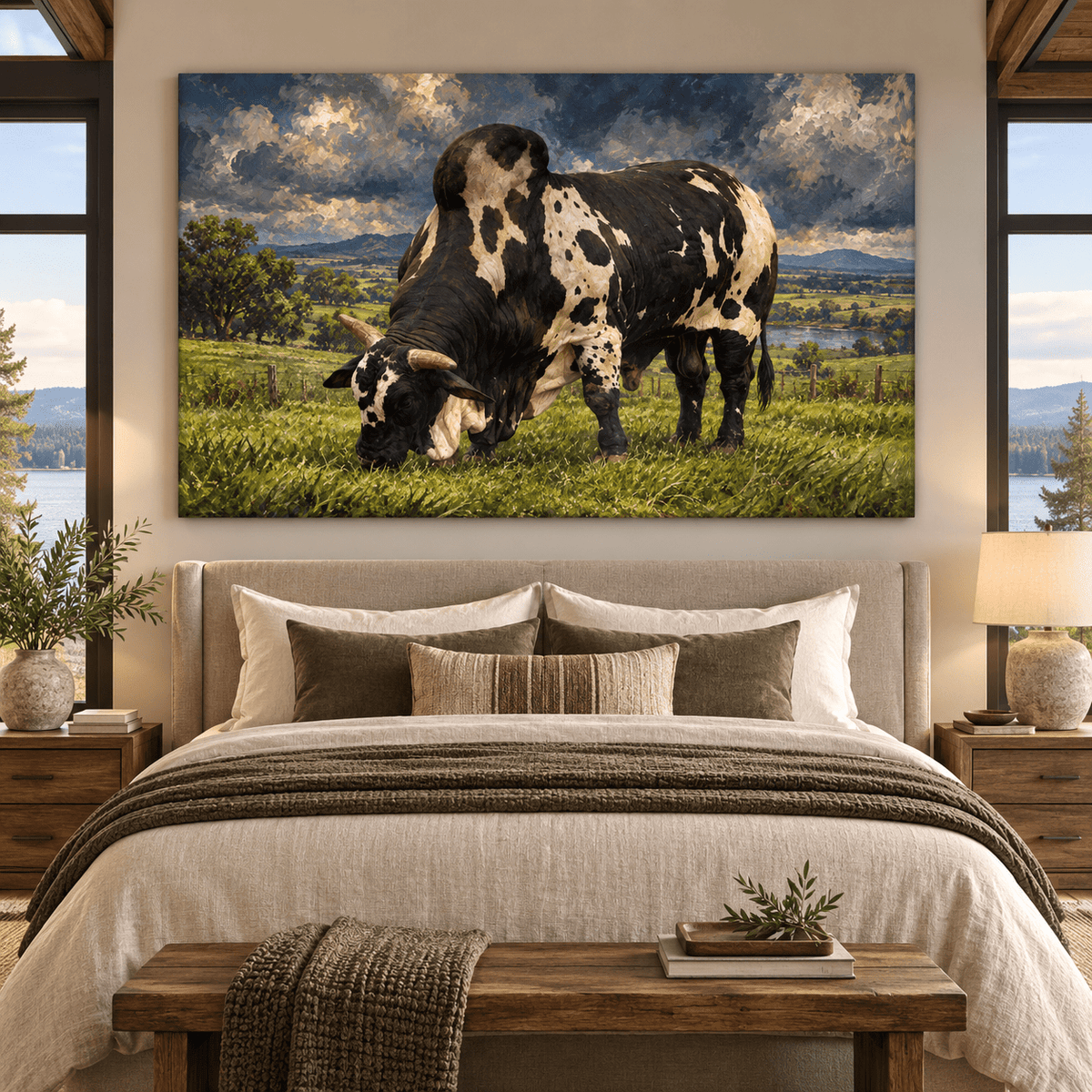 Black and White Brahman Bull Wrapped Canvas Wall Art – Dramatic Western Cattle Painting - ART OF ROYALS