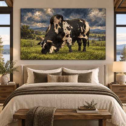 Black and White Brahman Bull Wrapped Canvas Wall Art – Dramatic Western Cattle Painting - ART OF ROYALS