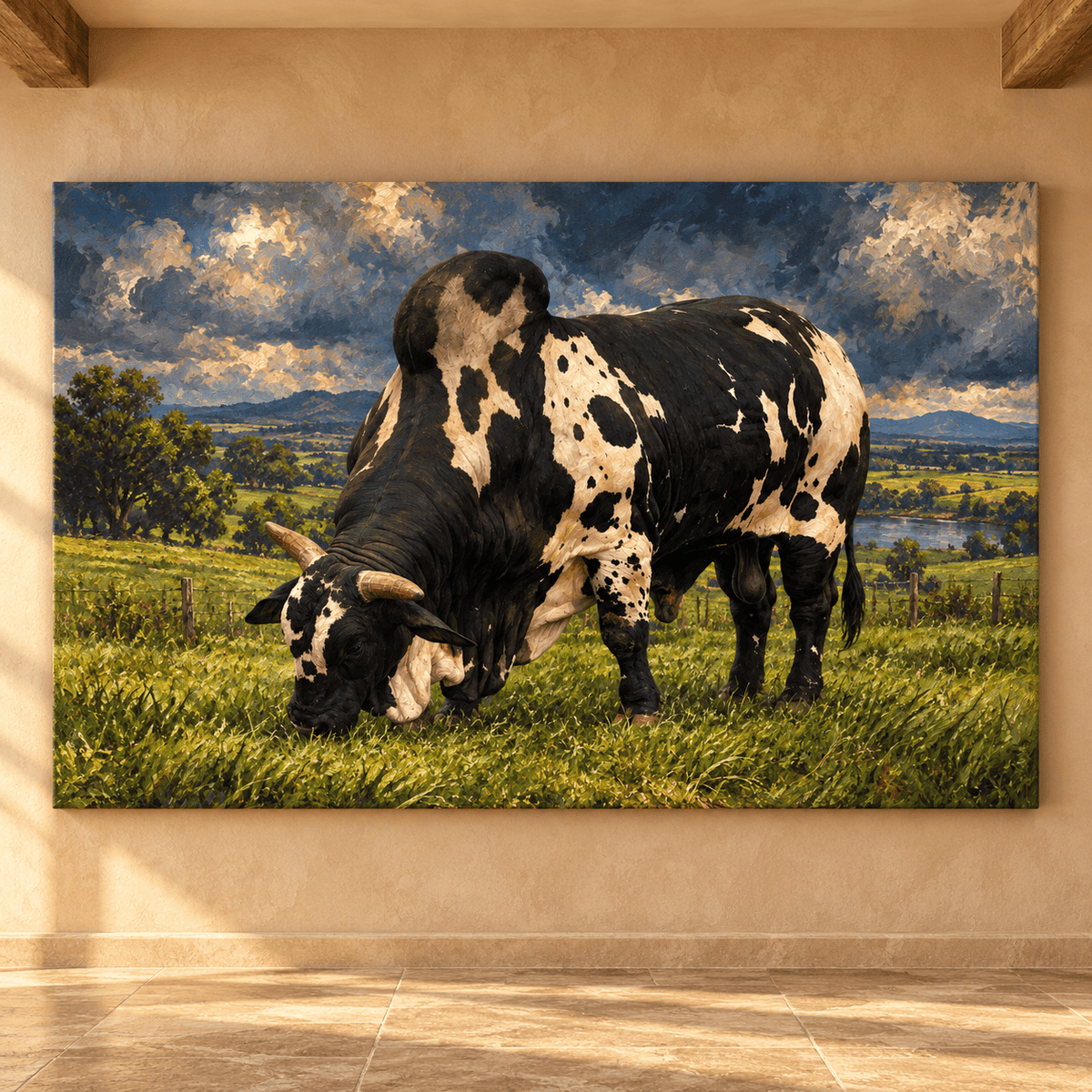 Black and White Brahman Bull Wrapped Canvas Wall Art – Dramatic Western Cattle Painting - ART OF ROYALS