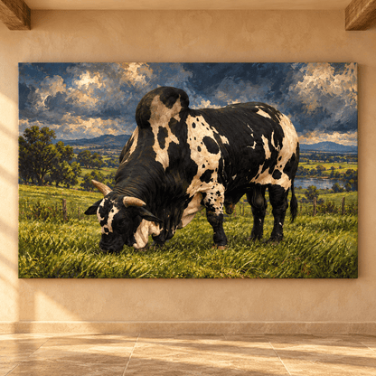 Black and White Brahman Bull Wrapped Canvas Wall Art – Dramatic Western Cattle Painting - ART OF ROYALS