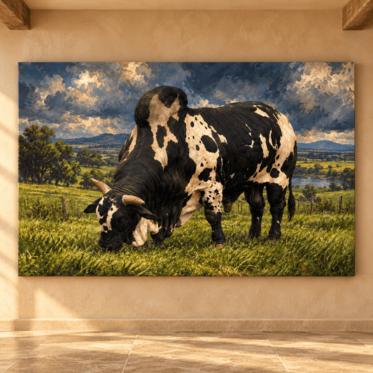 Black and White Brahman Bull Wrapped Canvas Wall Art – Dramatic Western Cattle Painting - ART OF ROYALS